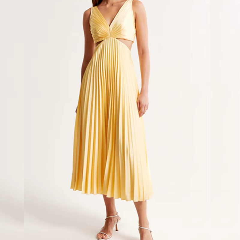 Bonita | Robe Midi Plissée Femme à Col V – Dos ouvert