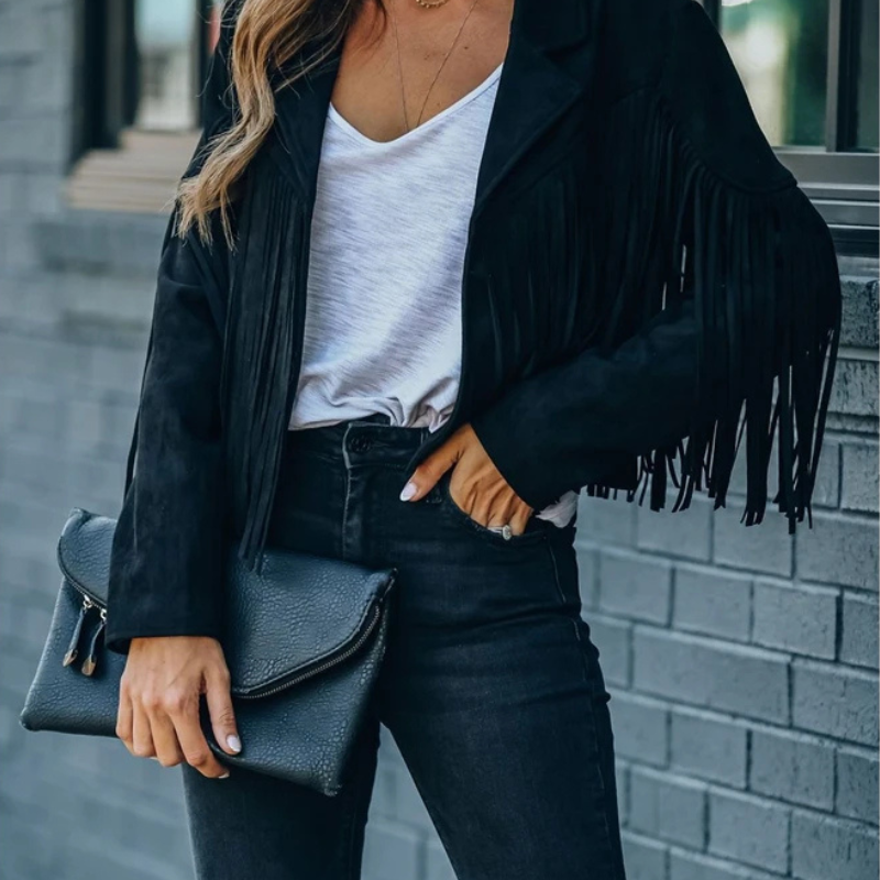 Romy | Veste à Franges en Daim avec Motif Cowboy