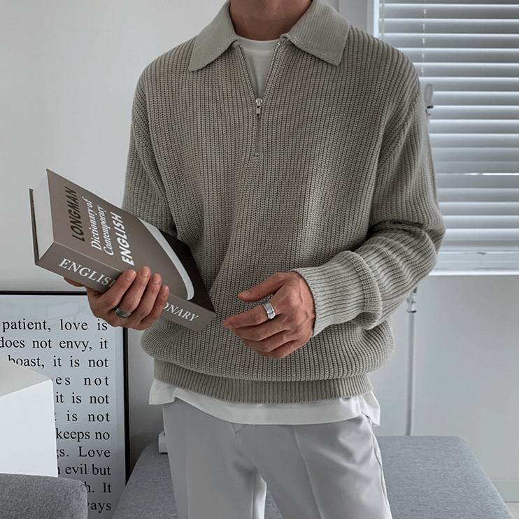 Sepp | Pull en maille avec demi-fermeture éclair-Mens Sweater-Gris-Barnier Boutique