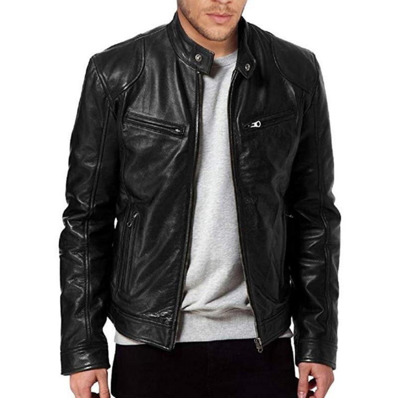 Veste à Col Motard en Cuir pour Homme