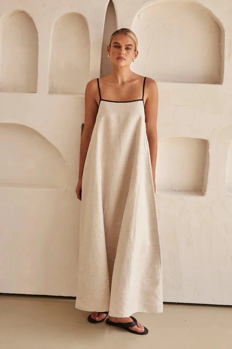 Minke | Robe longue sans manches en lin boho, beige