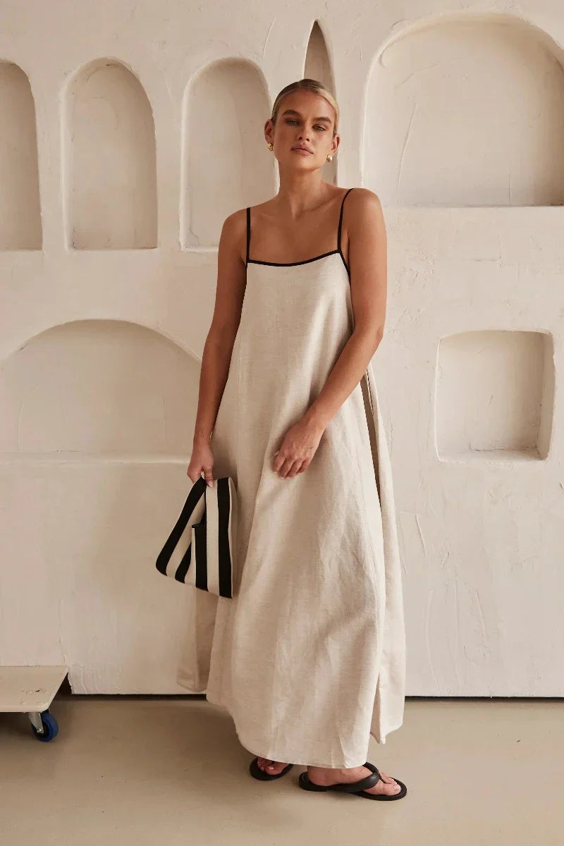 Minke | Robe longue sans manches en lin boho, beige