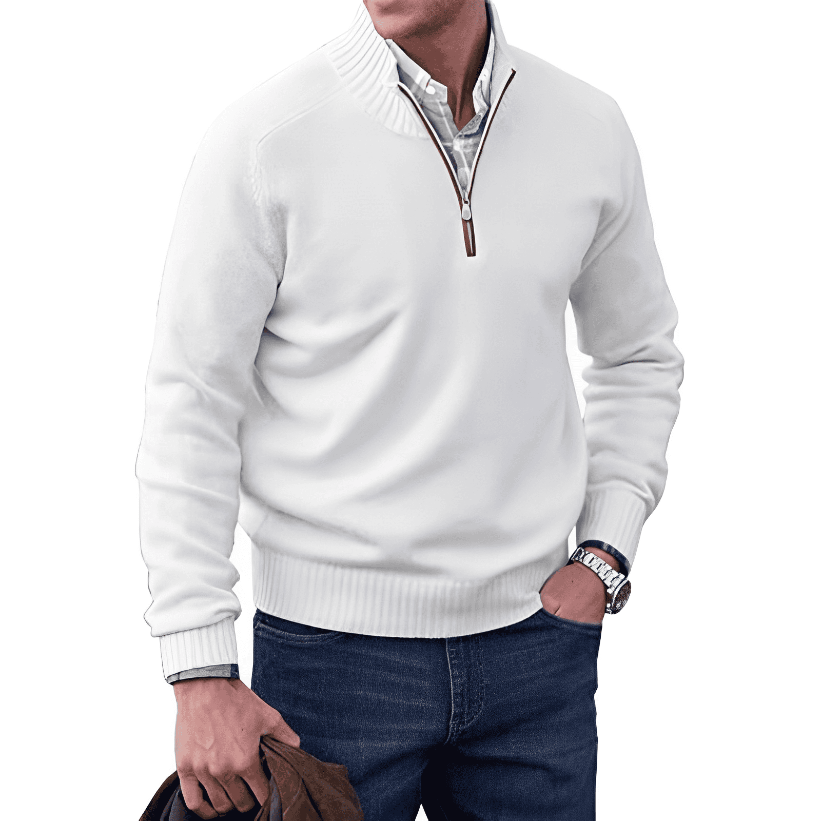 Emil | Pull á Col Montant pour Hommes| Demi Zip-Mens Sweater-Blanc-Barnier Boutique