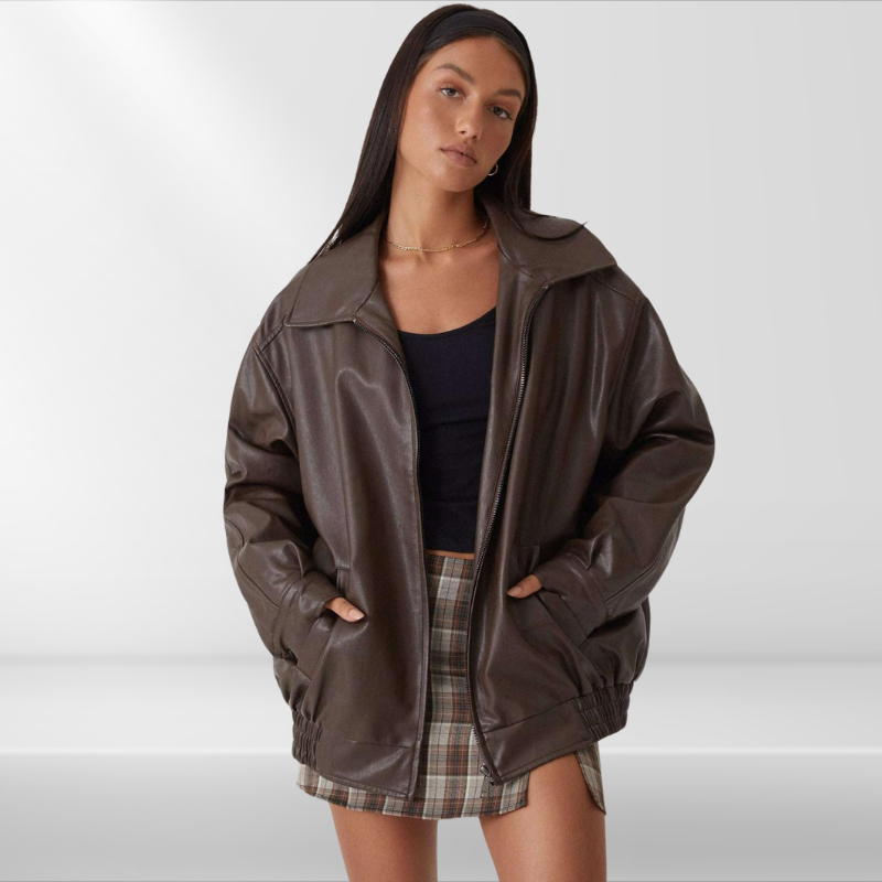Julia | Veste en Similicuir Marron Oversize pour Femme