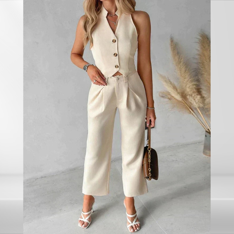 Bijou | Beige Ensemble Deux-Pièces de Bureau avec Haut Sans Manches et Pantalon