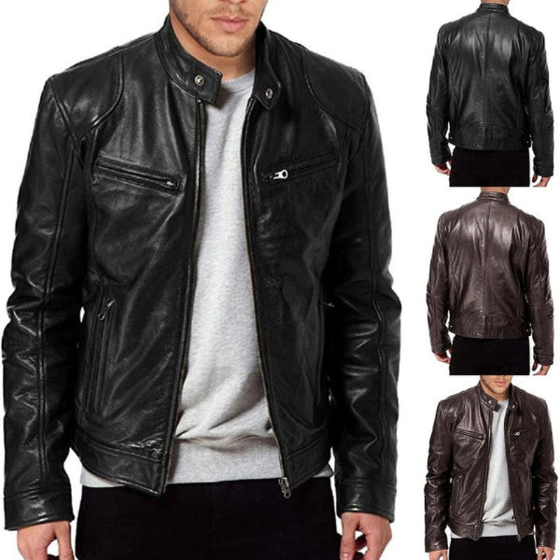 Veste à Col Motard en Cuir pour Homme