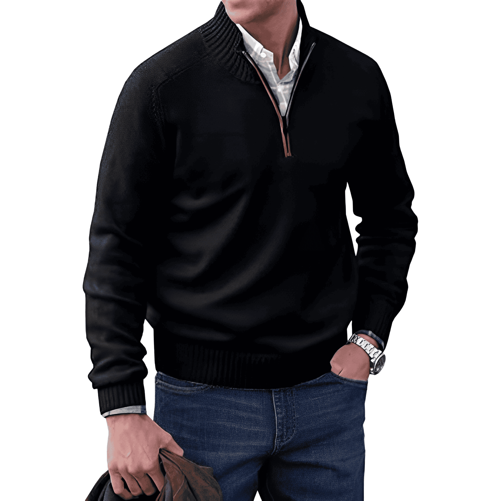 Emil | Pull á Col Montant pour Hommes| Demi Zip-Mens Sweater-Noir-Barnier Boutique