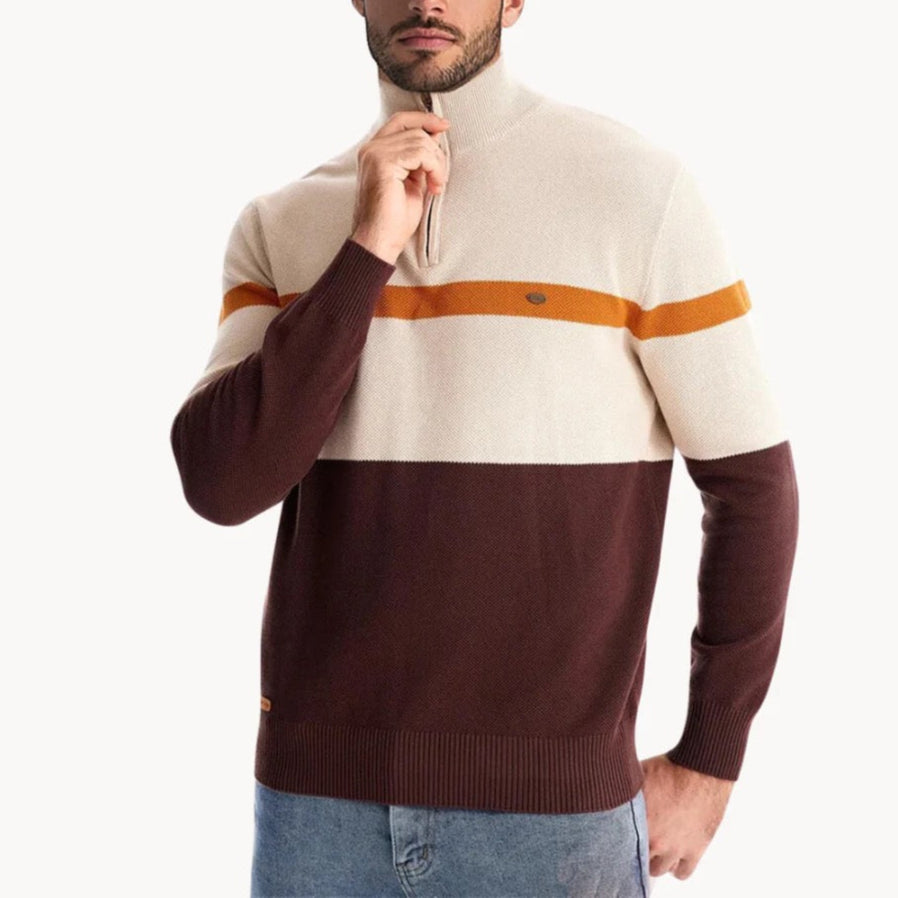 Florent | Pull Col Cheminée Zippé pour Hommes avec Motif Rayé-Mens Sweater-Marron-Barnier Boutique
