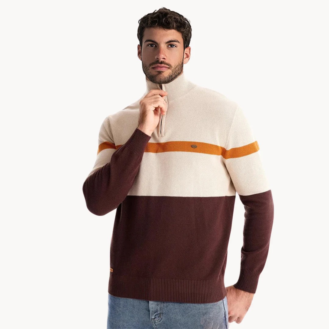 Florent | Pull Col Cheminée Zippé pour Hommes avec Motif Rayé