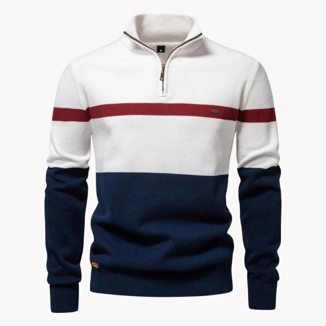 Florent | Pull Col Cheminée Zippé pour Hommes avec Motif Rayé-Mens Sweater-Blanc-Barnier Boutique