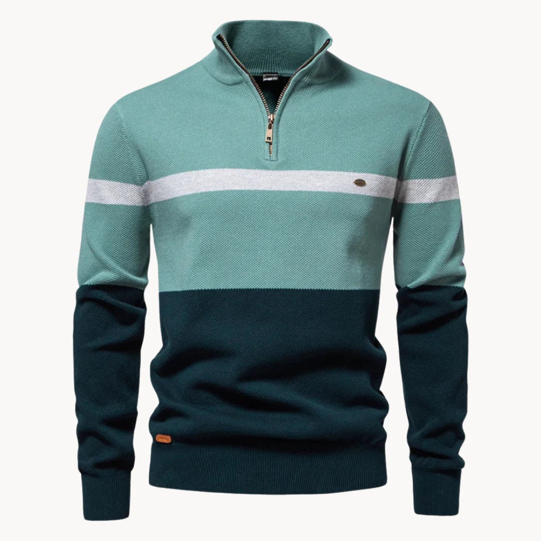 Florent | Pull Col Cheminée Zippé pour Hommes avec Motif Rayé-Mens Sweater-Vert-Barnier Boutique