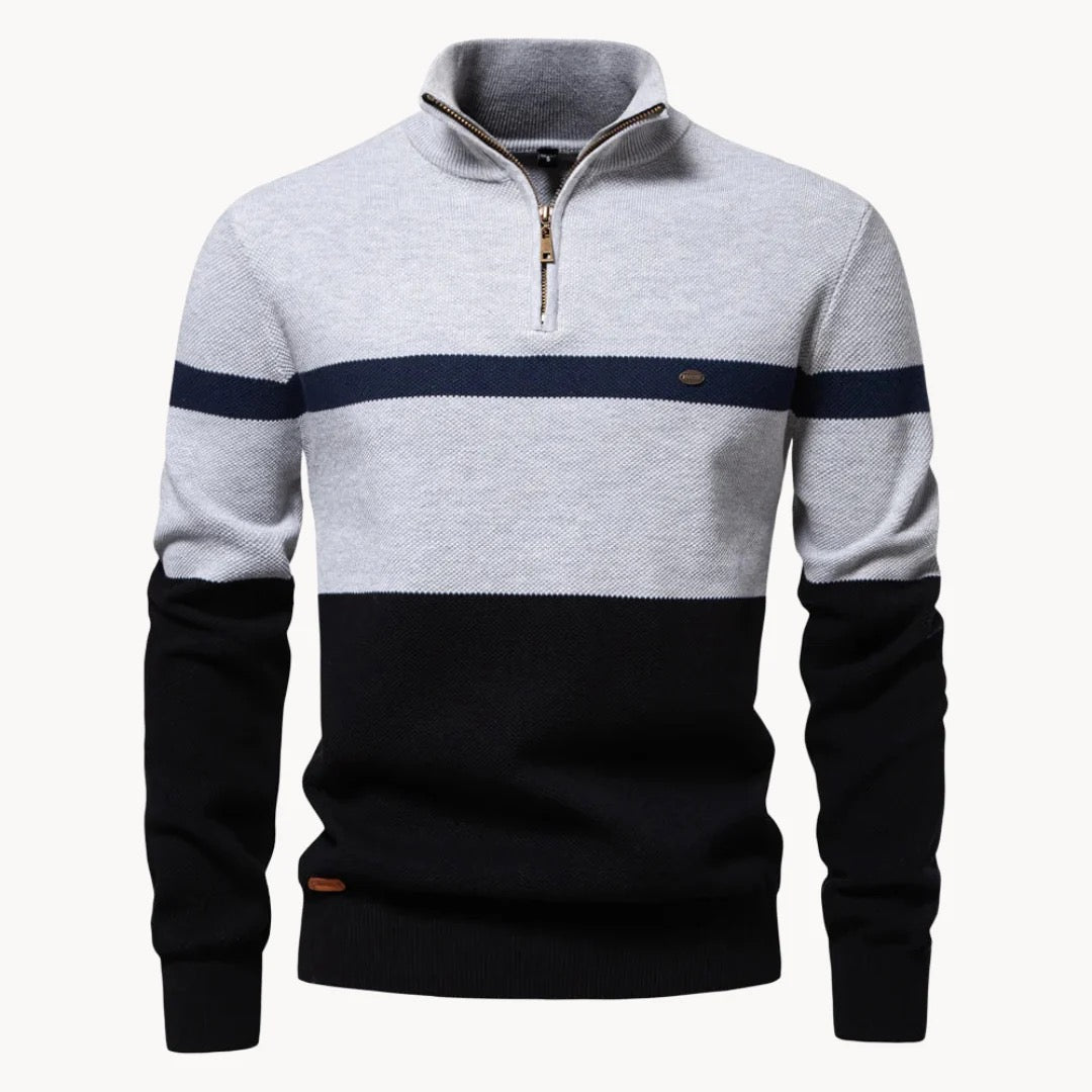 Florent | Pull Col Cheminée Zippé pour Hommes avec Motif Rayé-Mens Sweater-Gris-Barnier Boutique