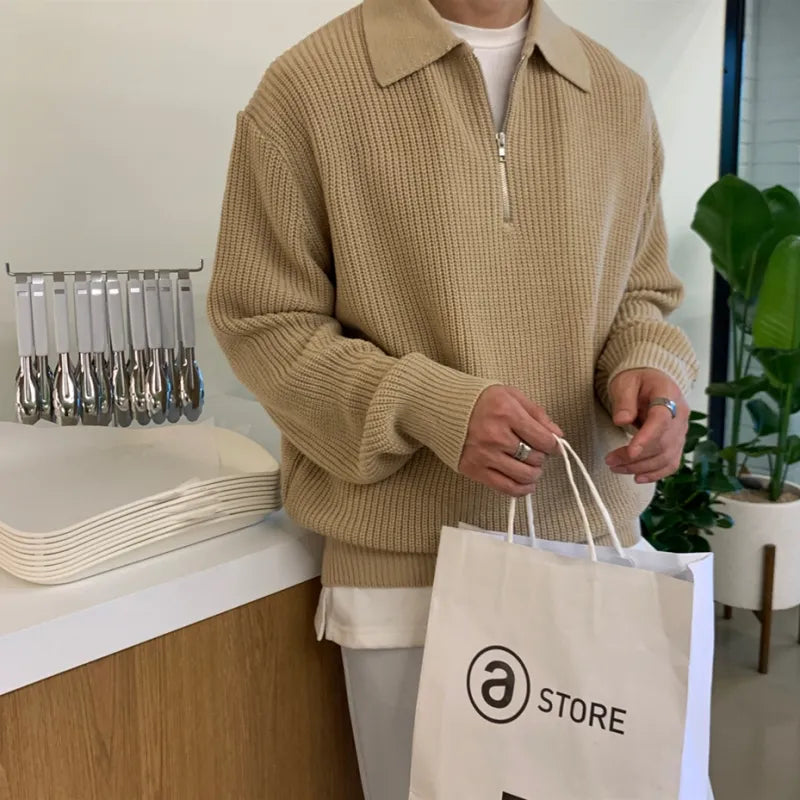 Sepp | Pull en maille avec demi-fermeture éclair-Mens Sweater-Kaki-Barnier Boutique