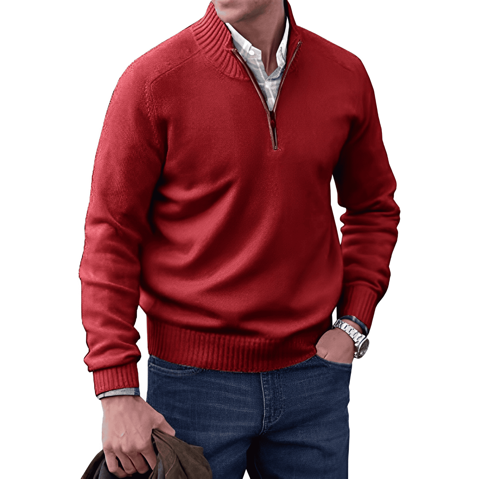 Emil | Pull á Col Montant pour Hommes| Demi Zip-Mens Sweater-Rouge-Barnier Boutique