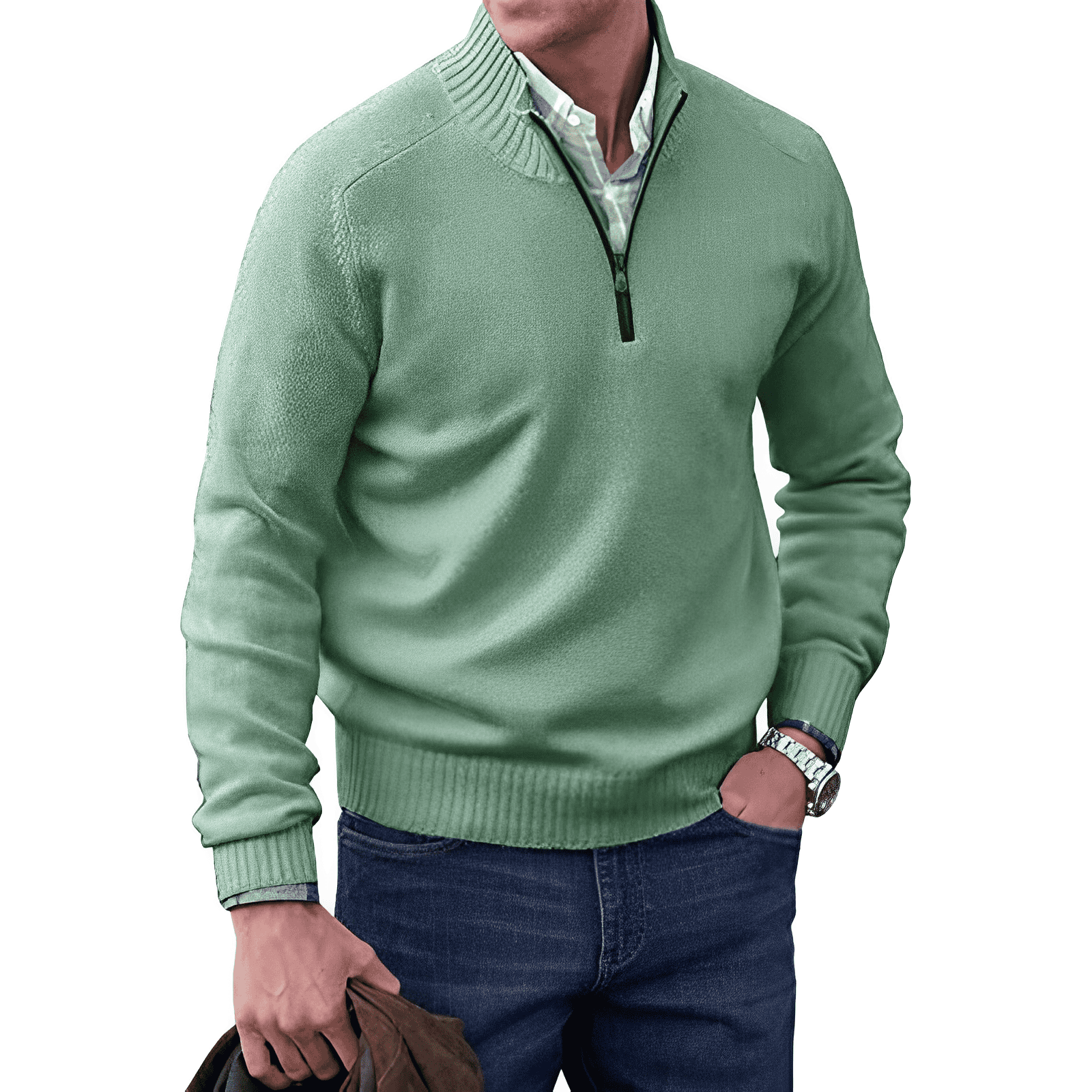 Emil | Pull á Col Montant pour Hommes| Demi Zip-Mens Sweater-Vert-Barnier Boutique